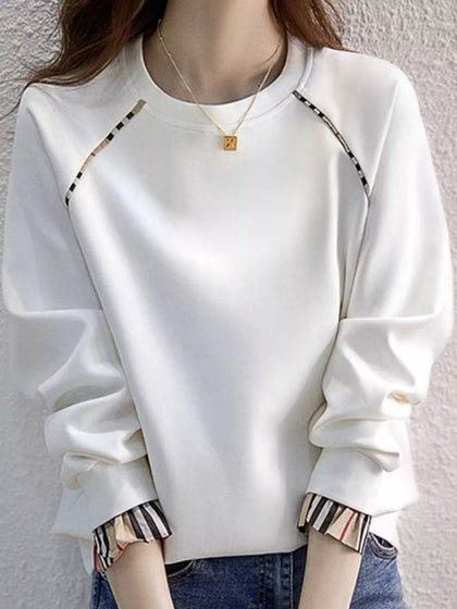 Plaid-Trimmed Crew Neck Sweatshirt