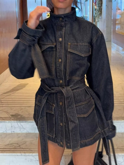 Button Up Belted Denim Jacket