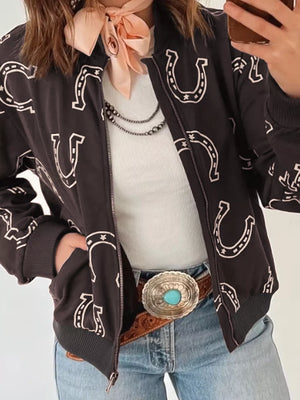 Horseshoe Print Zip-Up Bomber Jacket
