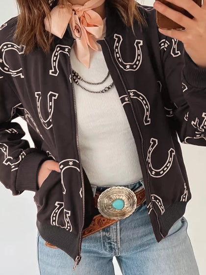 Horseshoe Print Zip-Up Bomber Jacket