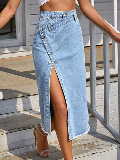 Asymmetric Button-Front Raw Hem Denim Midi Skirt