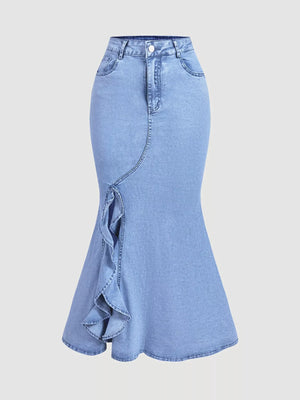 High-Waisted Ruffled Mermaid Denim Skirt
