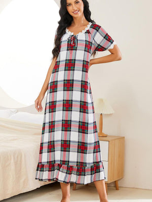 Plaid Lace Trim Ruffle Hem Night Dress