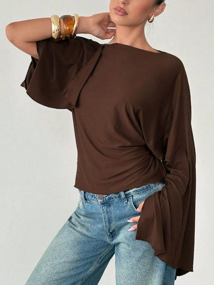 Boat Neck Slit Batwing Sleeve Top