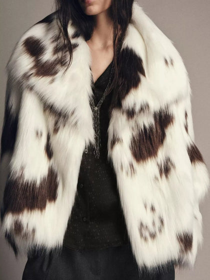 Luxurious Cow-Print Faux Fur Statement Coat