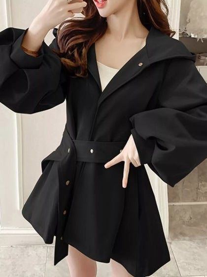 Lantern Sleeve Hooded Outerwear with Belted Waist