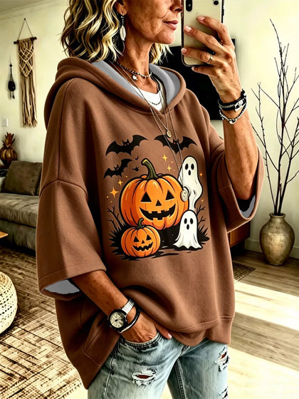 Full Size Oversized Halloween Pumpkin Ghost Graphic Hoodie Plus Size