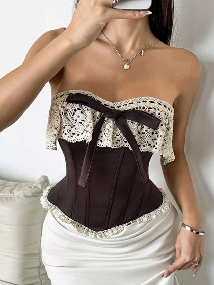 Crochet Lace Strapless Boned Corset Lace‑Up Waist Cincher Tube Top