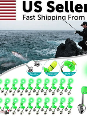 10 40 PC LED Night Fishing Bite Bait Alarm 2 Bells Light Rod Tip Clip Alert Ring