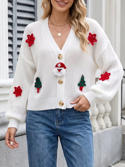 Festive Christmas Applique V-Neck Knit Cardigan