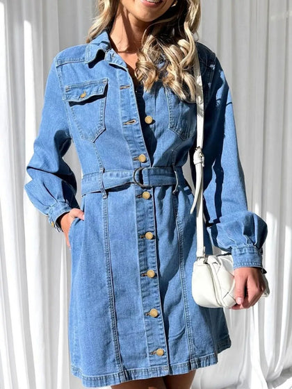 Button-Down Denim Dress with Belted Waist and Long Sleeves