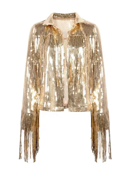 Full Size Glamorous Gold Sequin Fringe Statement Jacket Plus Size