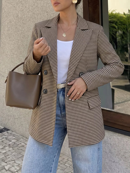 Plaid Lapel Collar Double-Breasted Blazer
