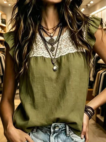 Full Size Lace Trim Ruffle Sleeve Blouse Plus Size