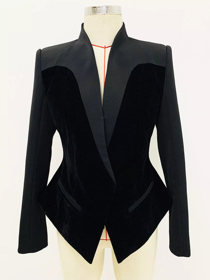 Velvet-Paneled Blazer with Stand-Up Collar