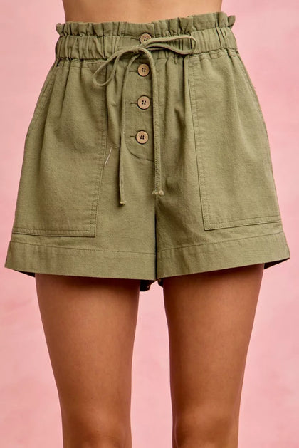 SO ME Paper Bag Patch Pocket Drawstring Twill Shorts