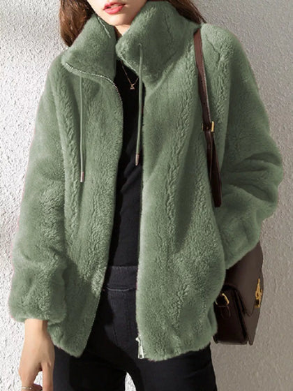 Full Size Drawstring Faux Fur Stand-Collar Zip-Up Outerwear Plus Size