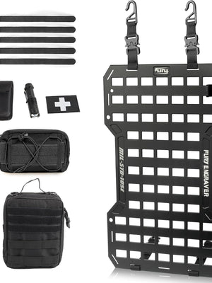 Tactical Rigid MOLLE Organizer Seat Back Aluminum Mount Rack Panel Kit With Storage Bags,Multi-Tool Pliers,Flashlight And Fastening Tapes,Universal For Car SUV Je Ep Trunk Garage Home Use