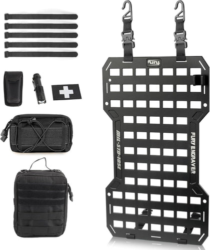 Tactical Rigid MOLLE Organizer Seat Back Aluminum Mount Rack Panel Kit With Storage Bags,Multi-Tool Pliers,Flashlight And Fastening Tapes,Universal For Car SUV Je Ep Trunk Garage Home Use