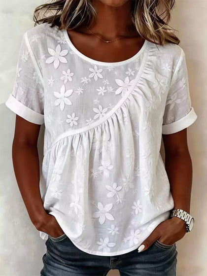 Full Size Floral Embroidered Round Neck Short Sleeve Top Plus Size
