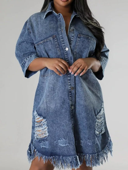 Plus Size Distressed Frayed Hem Button-Down Denim Dress