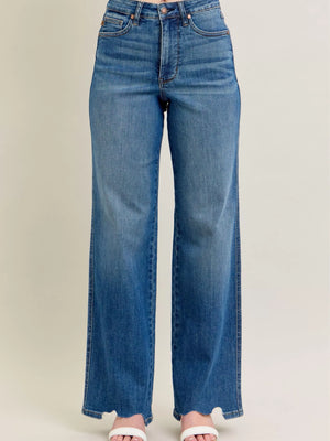 Judy Blue Full Size High Waist Tummy Control Chew Hem Destroy Wide Jeans Plus Size