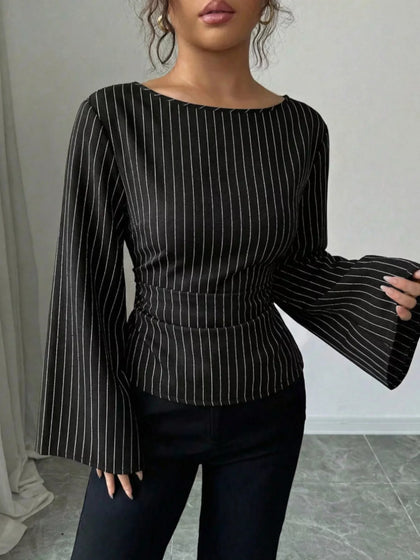 Elegant Pinstriped Bell Sleeve Blouse with Back Lace Up