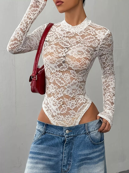 Elegant Floral Lace Mock Neck Long Sleeve Bodysuit