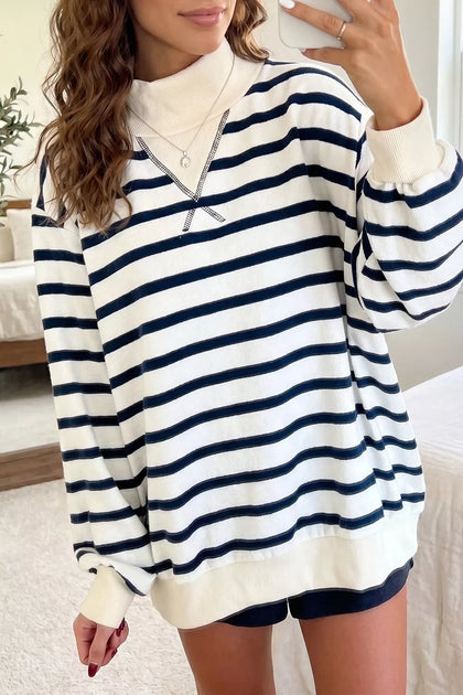 Striped Stand Neck Long Sleeve Ribbed Cuff Hem Sweatshirt