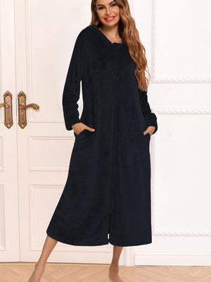 Zip Front Hooded Night Dress with Pockets