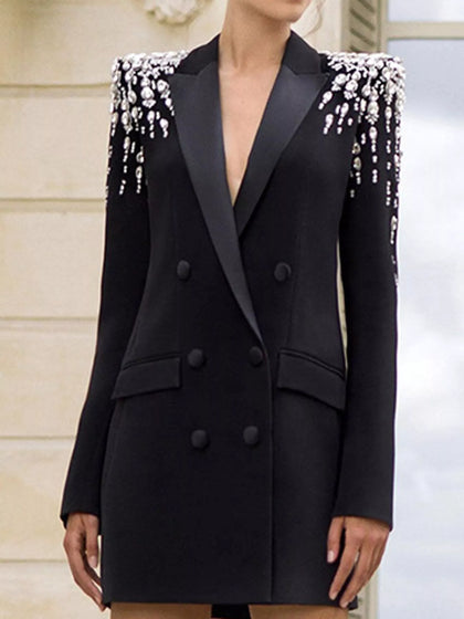 Full Size Rhinestone Shoulder Double-Breasted Blazer Plus Size
