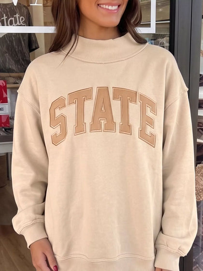 Parchment Exposed Seam Mock Neck STATE Letter Graphic Loose Sweatshirt