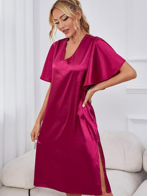 Satin Flutter Sleeve Side Slit V-Neck Night Dress