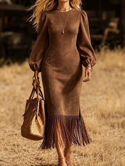 Fringe Round Neck Balloon Sleeve Dress