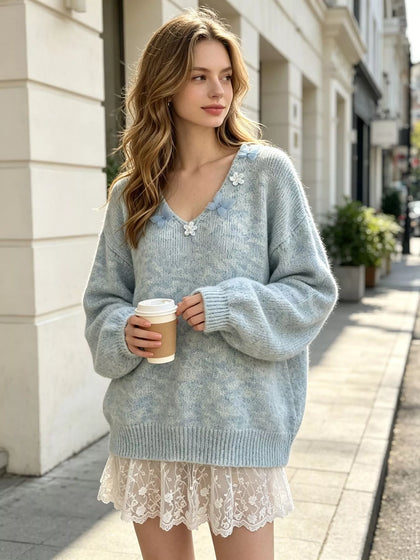 V-Neck Floral Applique Lace Hem Sweater