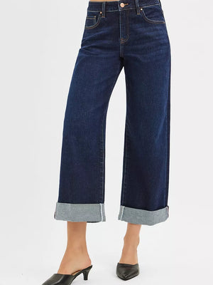 RISEN Mid Rise Fit Ankle Wide Roll Up Jeans