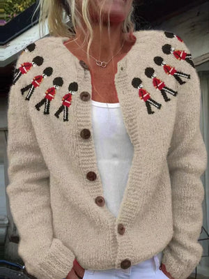 Full Size Vintage British Guard Pattern Knit Cardigan Plus Size