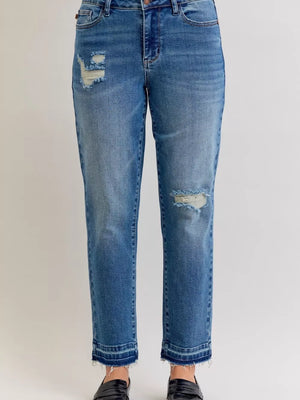 Judy Blue Full Size Mid Rise Bf Patch & Repair Destroy Release Hem Jeans Plus Size
