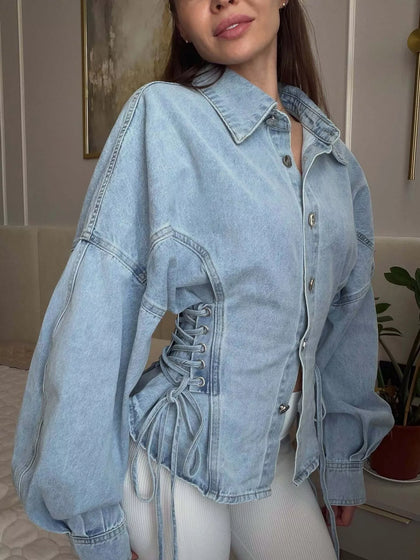 Button Down Lace-Up Side Denim Jacket
